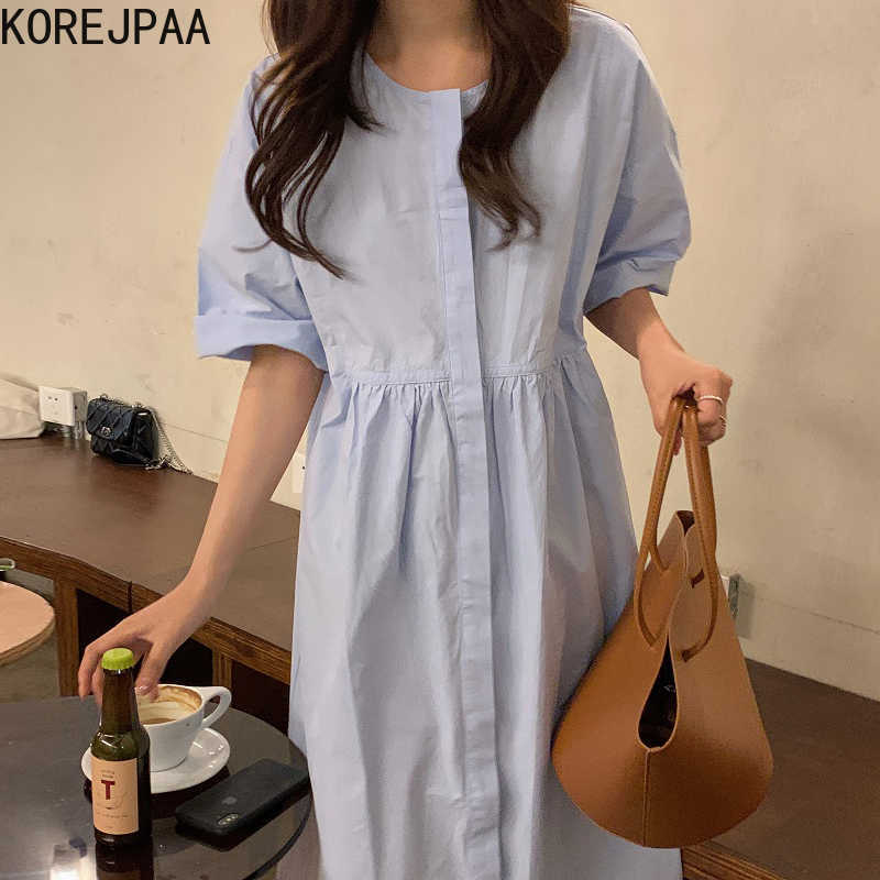 

Korejpaa Women Dress Korean Chic Summer Simple Fashion Round Collar Pleated Loose Five-sleeve Shirt Dress Long Skirt Female 210526, Sky blue
