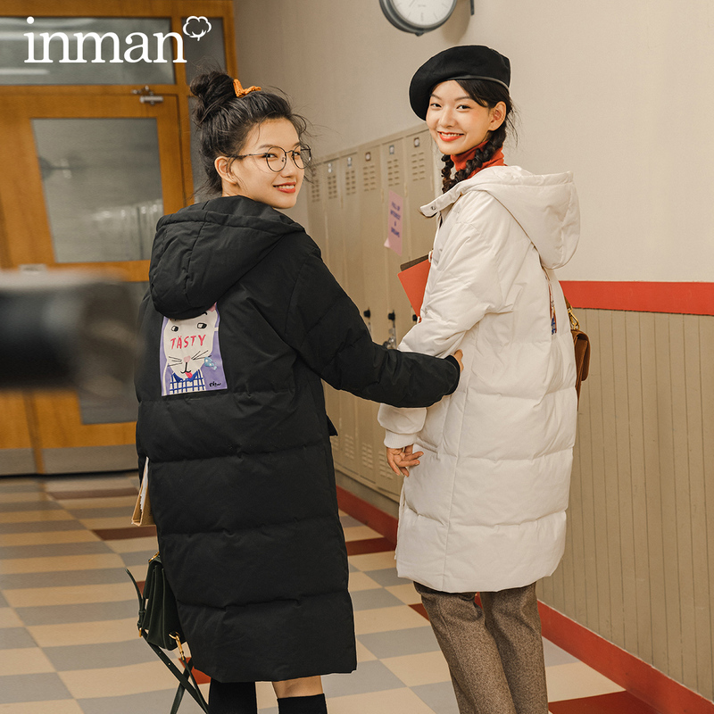 

downs Winter Hooded Down Jacket Women's Pocket Loose Printing Long Fashion and Slim Coat Okdc, Black