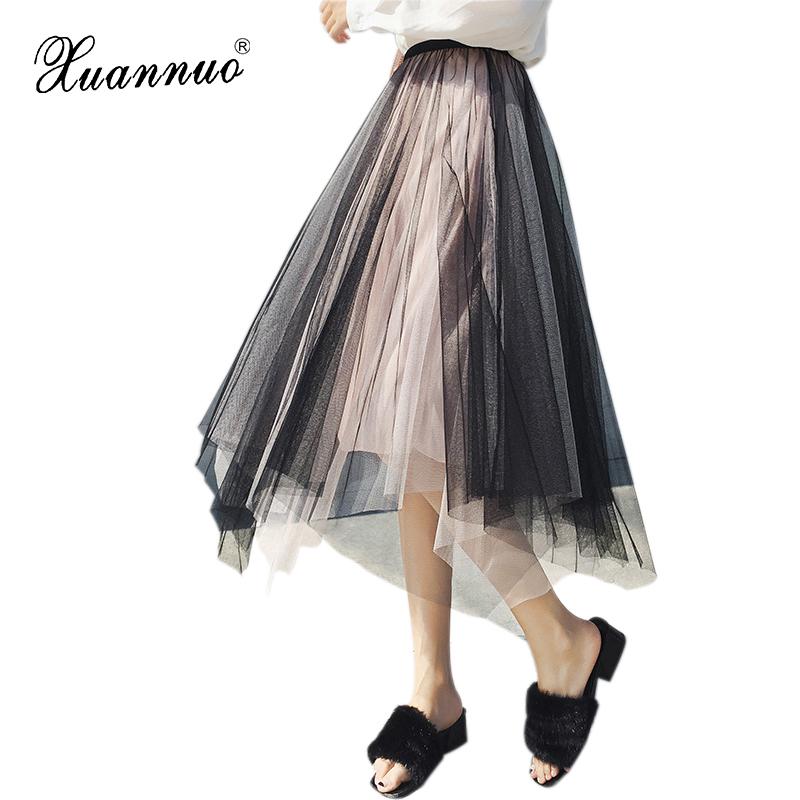 

Skirts XuanNuo Women Ball Gown Skirt Spliced Tulle Asymmetric Lady Contrast Color Fashion Style Long Sweet Layered 2021, S6021black