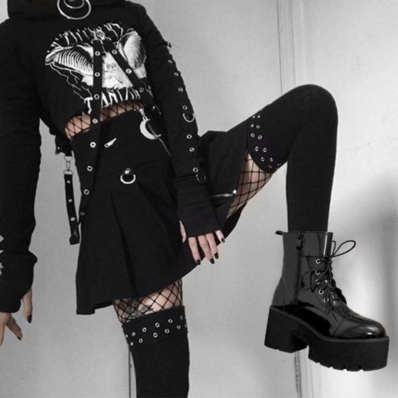 

Boots 2021 Brand Sale Black Gothic Style Platform High Heels Comfy Walking Cool Chic Ankle Boot Shoes Women Motorcycles Female