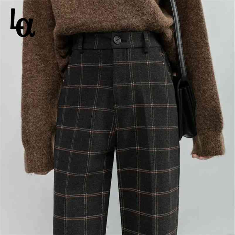 

Spring Women Plaid Plus Size Woolen Straight Trousers Female High Waist Loose England Style Ankle-length Pants 210519, Calf-length pants
