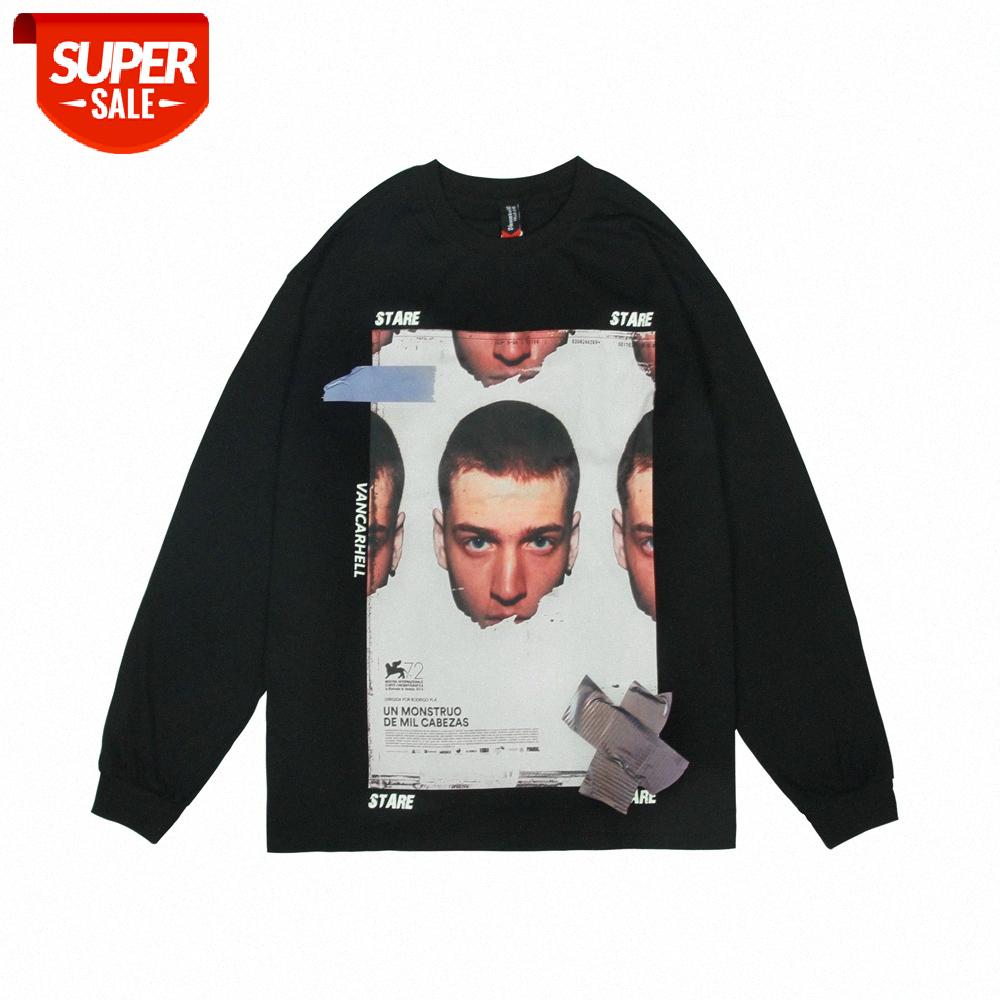 

Merry character pattern printing long-sleeved T-shirt men's street loose round neck shirt compassionate #Kz8v, White;black