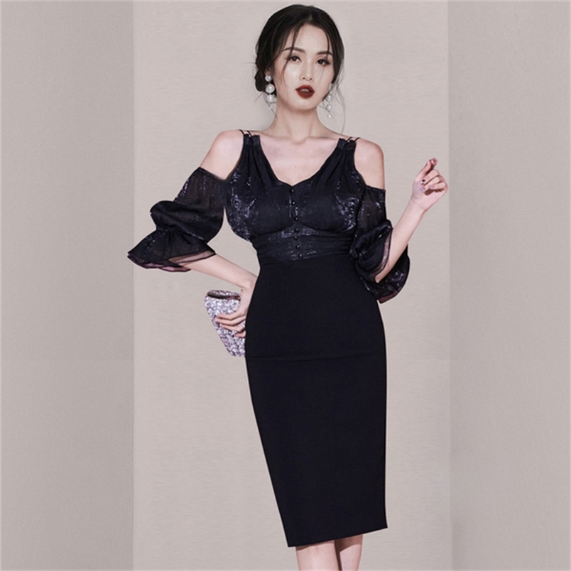 

Summer Sexy Off Shoulder Office Lady Dresses Women V-Neck Patchwork Elegant Bodycon Pencil Dress Vestidos 210519, Photo color