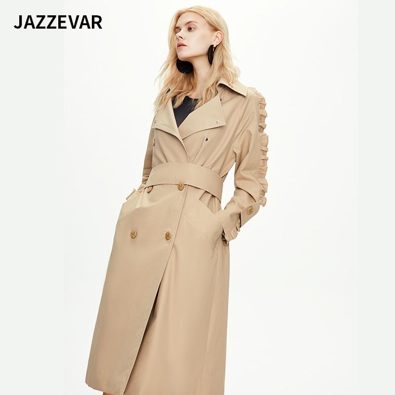

Women' Trench Coats JAZZEVAR 2021 Style Ruffled Double-Breasted X-long Windbreaker European And American Casual Jacket, Gray