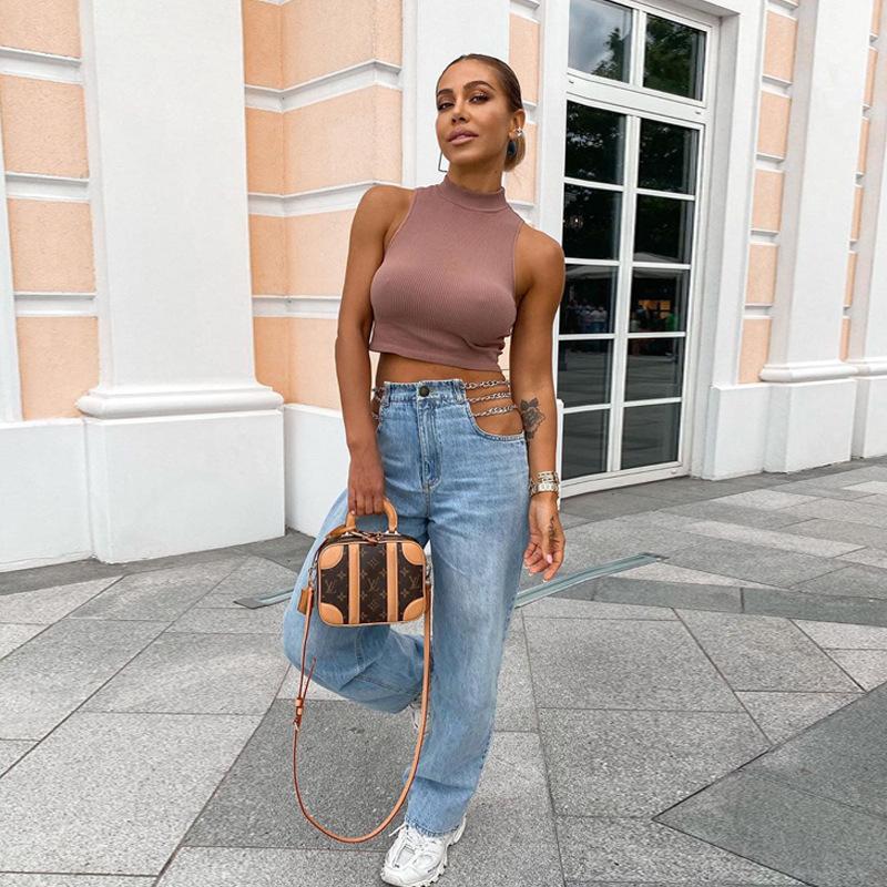 

Women' Pants & Capris Cut Out High Waist Jeans Sexy Pockets Wide Leg Cargo Side Chain Women Streetwear Hollow Denim, Blue