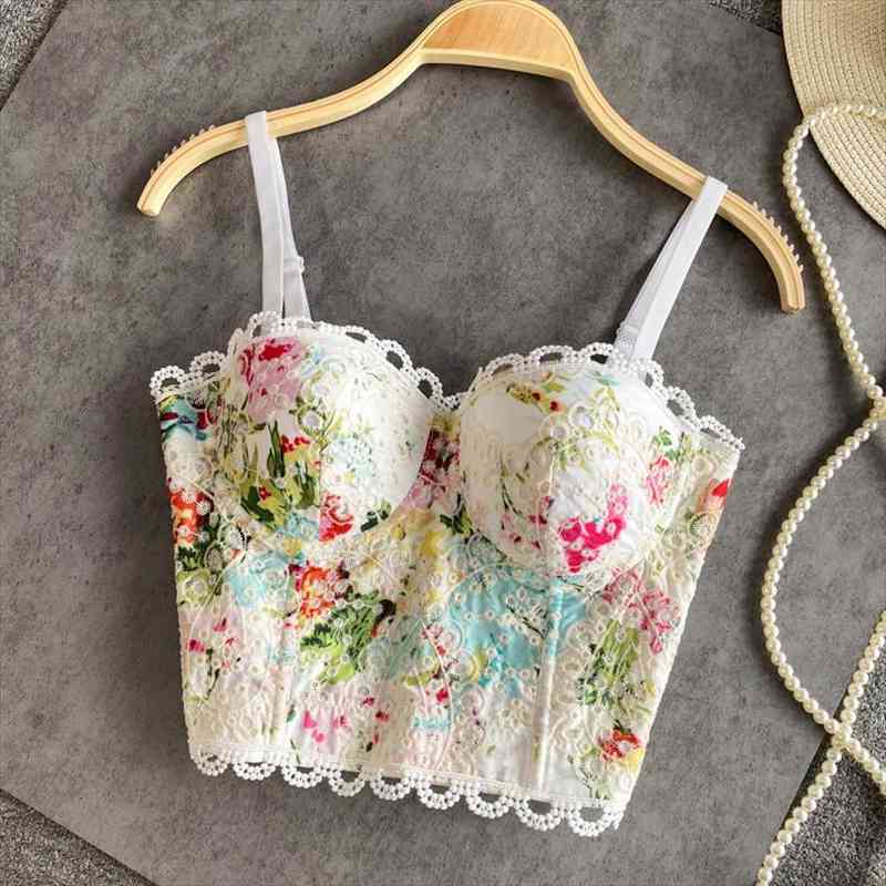 

Tube Top Printed Lace Womens Cami Camisole Summer 3d Cup Beach Outerwear Sexy Bra Bodice Short Embroidery Suspender Vest, White