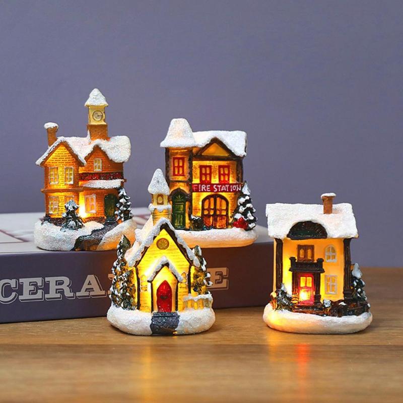 

Christmas Decorations Glowing Snow House Resin Village Building Landscape Statue LED Light Luminous Decoration Figurine