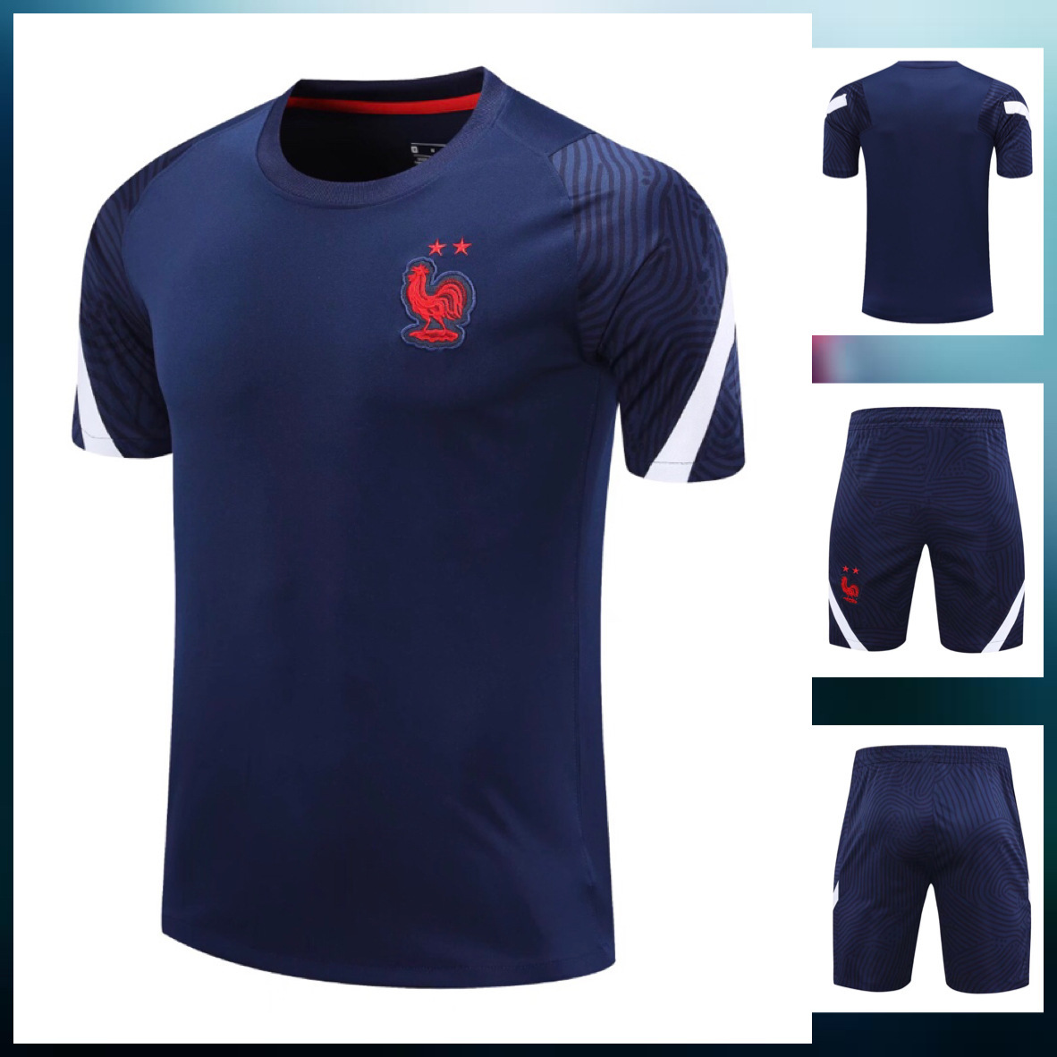 

20-21 French Royal Blue Short Sleeve Jerseys Double Zipper Pocket Soccer Shorts Adult Training Suit, Gray