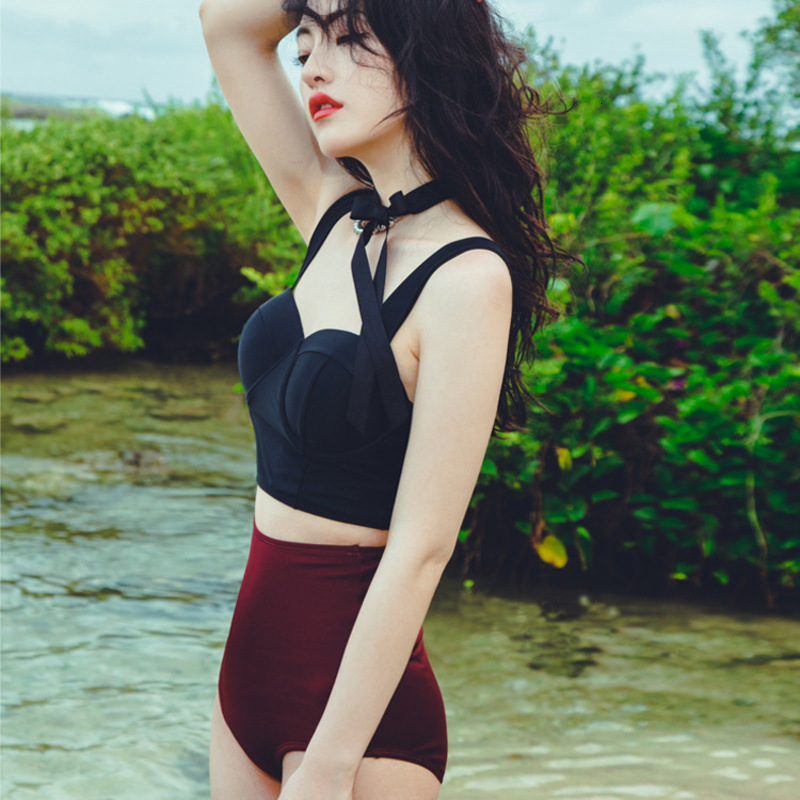 

two south korea bikini piece swimsuit women's split body high waist cover belly show thin conservative student spring, White;black