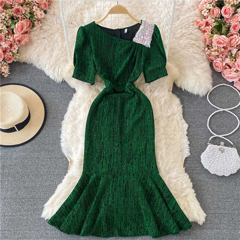 

Green/Brown/Black Sequin Party Midi Dress Women Summer Skew Collar Short Sleeve High Waist Vintage Mermaid Vestidos Female 2021 Y0603, Dark brown