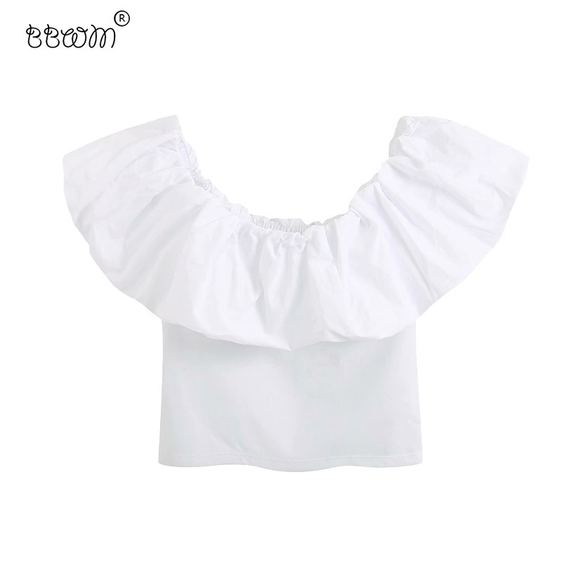 

Women Sweet Fashion White Ruffles Short Blouses Vintage Slash Neck Short Sleeve Stretchy Shirts Girls Chic Tops 210520, As picture