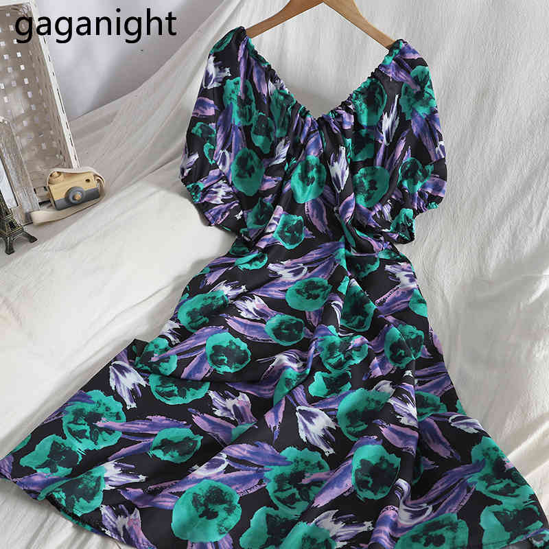 

Gaganight Vintage Women Flower Dress Summer Fashion Lady Chic Korean Vestidos Short Sleeves A Line Bodycon Dresses 210519, Purple