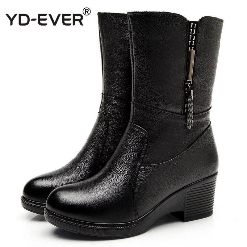

Boots Genuine Leather High Heels Women Snow Mid Calf Winter Plush Warm Waterproof Shoes, Black thick plush