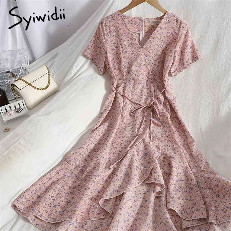 

Boho Floral Print Chiffon Dress for Women Irregular Ruffles Puff Sleeve V-Neck with Belt A-line Summer Midi 210607, Apricot tulip