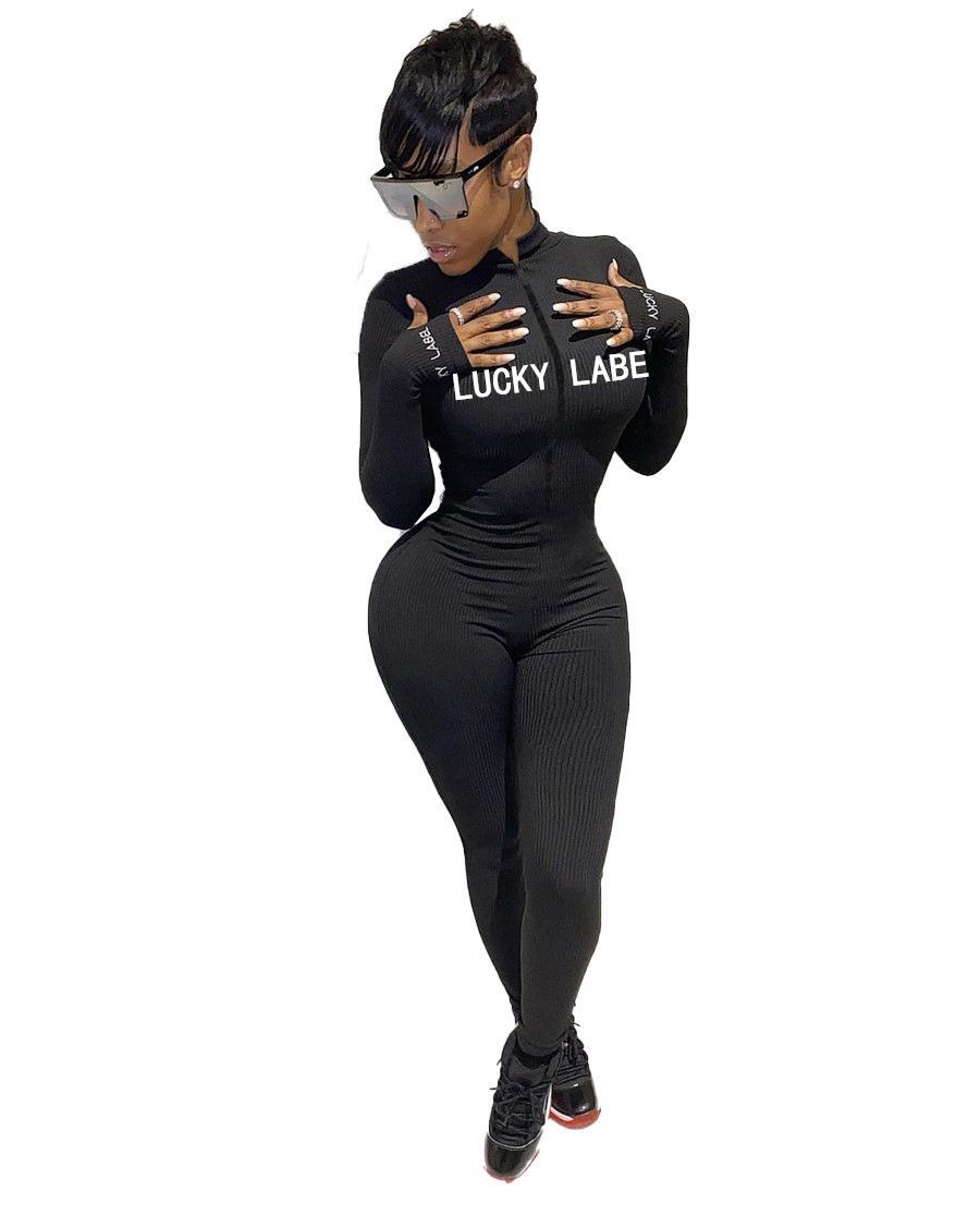 

Knitted Lucky Label Embroidery Long Sleeve Zipper Jumpsuit Women Active Ribbed Moto Biker Romper One Piece Overall 2XL, Red