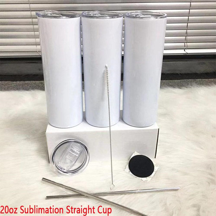 

20oz DIY Sublimation Straight Skinny Tumbler With Metal Straw Rubber Coaster And Straw Brush Doubel Wall Thermos Cup In stock, White