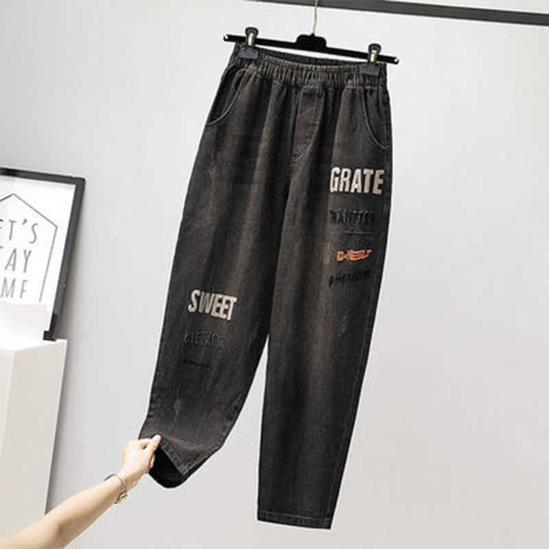 

Spring Autumn Korea Fashion Women Elastic Waist Loose Embroidery Jeans All-matched Casual Denim Harem Pants Plus Size S26 210608, Blue