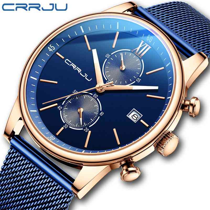 

Watch for Men CRRJU Men Luxury Casual Quartz Wristwatches Blue Sport Waterproof Clock Stainless Steel Wrist Watches for Male 210517, Black sliver
