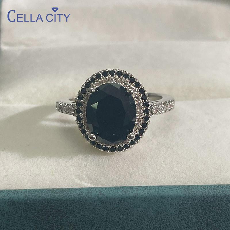 

Cella City Classic 925 Sterling Silver Ring For Charm Lady With Round Shape Black Gemstones Wedding Party Wholesale Gift Cluster Rings