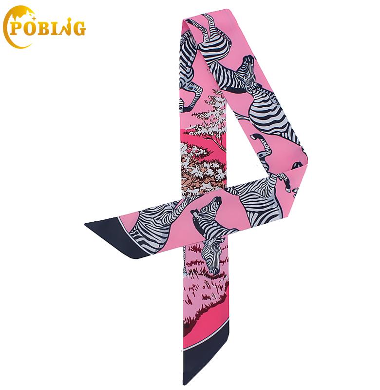 

Scarves POBING 2021 Spain Zebra Print Silk Scarf Women Bag Ribbons Twill Head Small Long 100*5CM, Blue;gray
