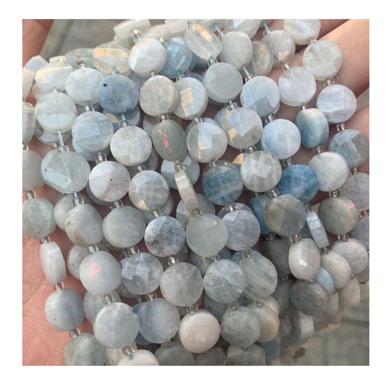 

Other Arrival Natural Stone Faceted Flat Round Blue Aquamarine Beads Loose Gemstone DIY Bracelet Necklace For Jewelry Making