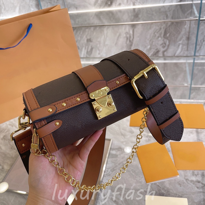 

Latest TRUNK Purses Women Designers Crossbody Bags Round Bucket Bag Luxurys Genuine Leather Wide Shoulder Strap Chain 2021 Brown, Box(not sale separately)