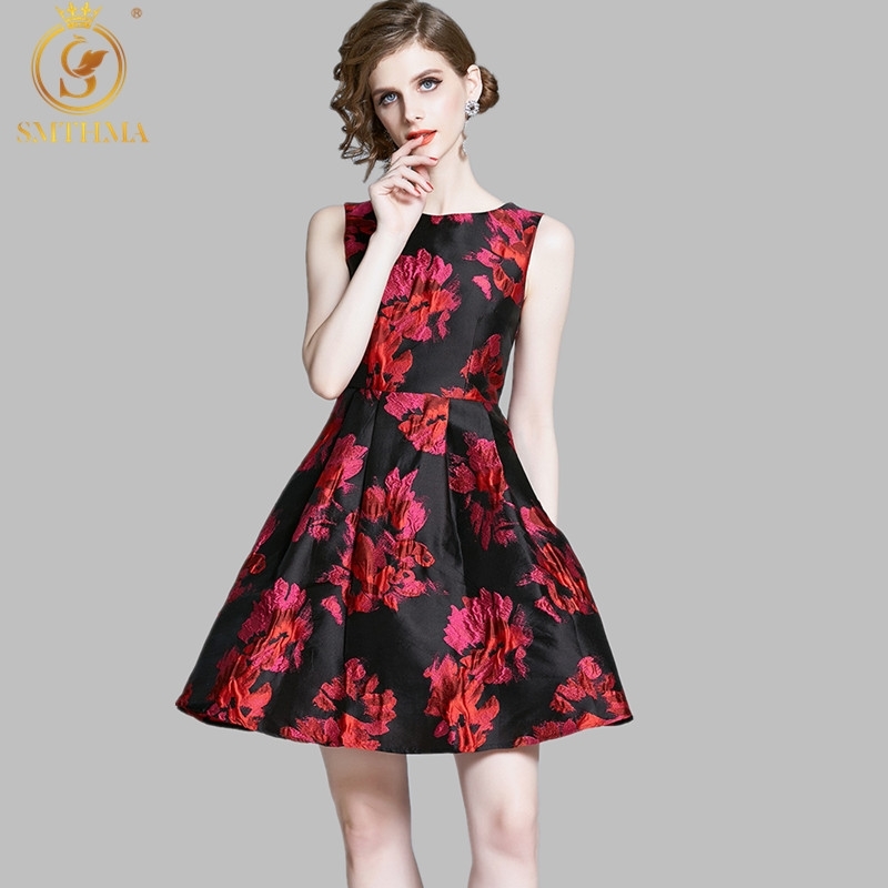 

Womens Summer Vintage Dresses O-Neck Sleeveless Floral Jacquard Print Sexy Vest Casual Party Dress Vestido 210520, Photo color
