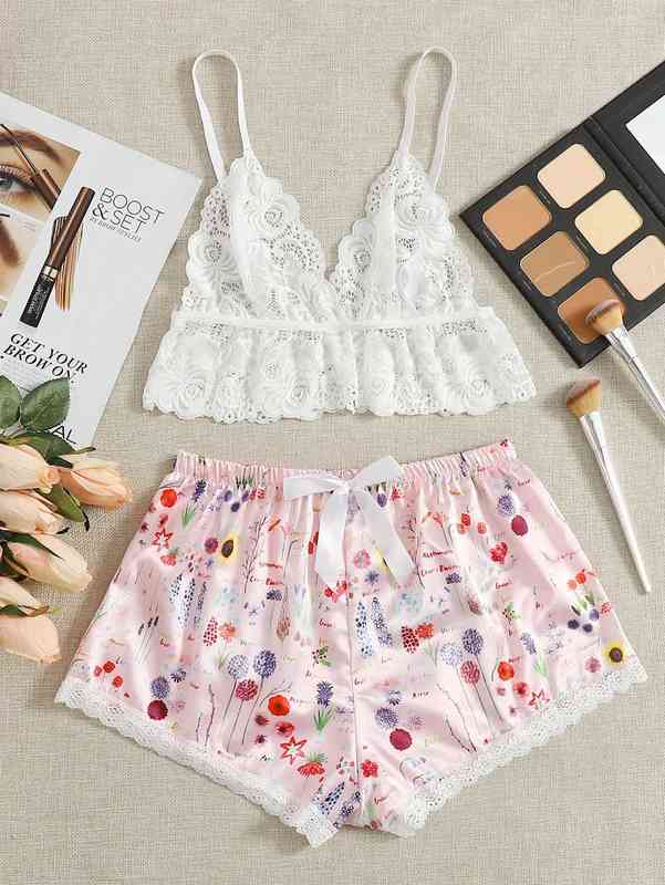 

Sling lace mesh perspective three-point imitation silk printing sleep sexy temptation sexy underwear 211203, Red