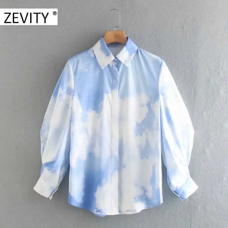 

ZEVITY women fashion blue sky white cloud print smock blouse shirts women lantern sleeve business roupas chic blusas tops LS7184 210603, As pic ls7184ld