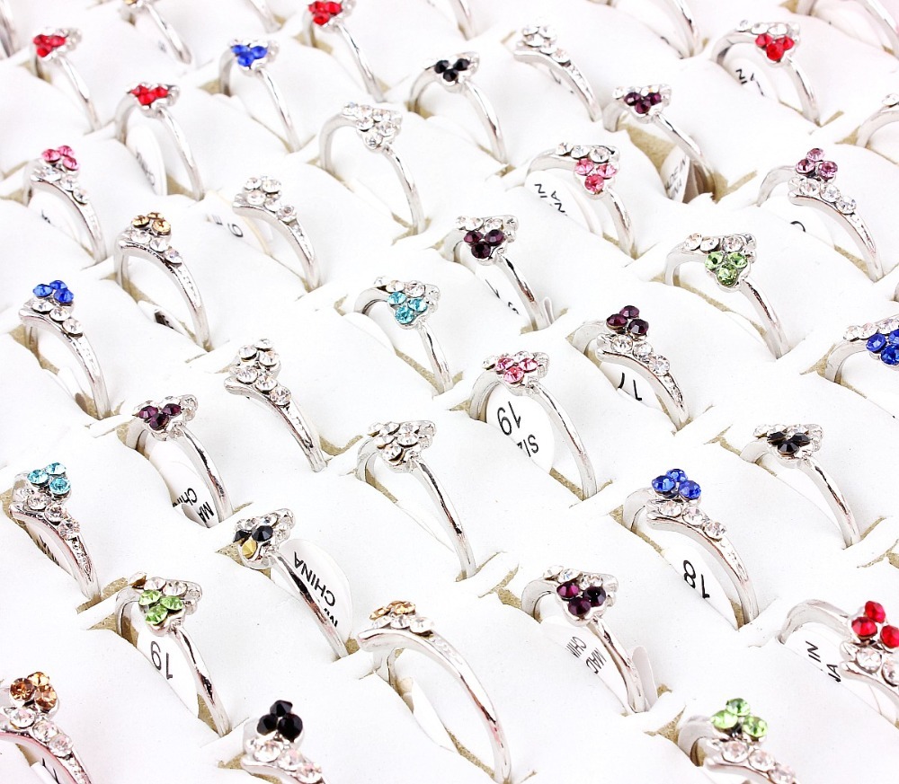 

QianBei 50pcs/set Whole Mixed Lots Shiny Crystal Rhinestone Rings Kid Children Engagement Wedding Bridal Finger Ring Jewelry