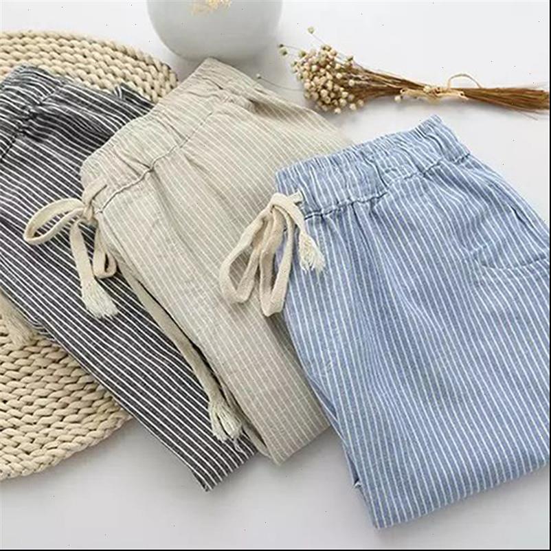 

womens pants cotton linen women casual fashion loose long elastic waist straight striped trousers pantalon, Black;white