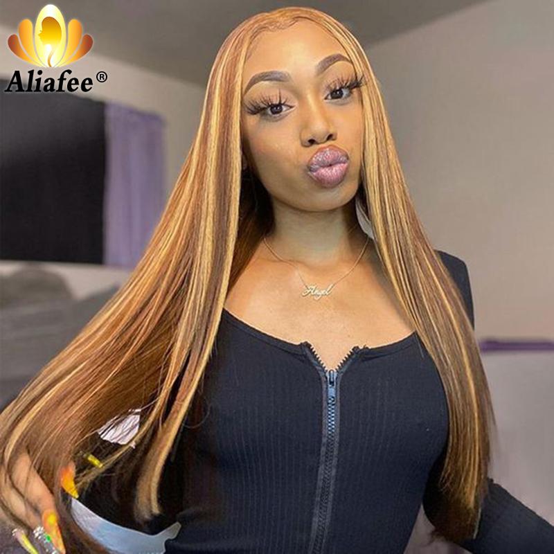 

Lace Wigs Transparent Malaysian Straight Hair Front Human Highlights Ombre Colored Pre-Plucked Part Wig For Women, Color 4 27 hl