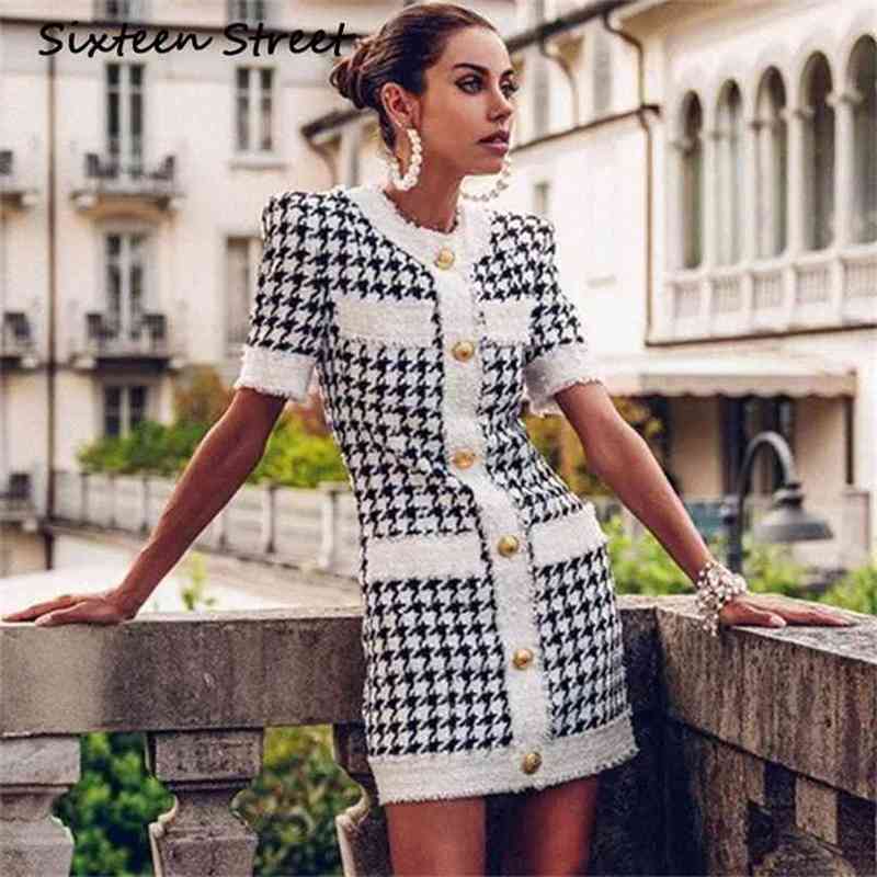 

White And Black Houndstooth Tweed Mini Dress Women Short Sleeve Button Fashion Party Round Neck Chic Ladies 210603, Blue