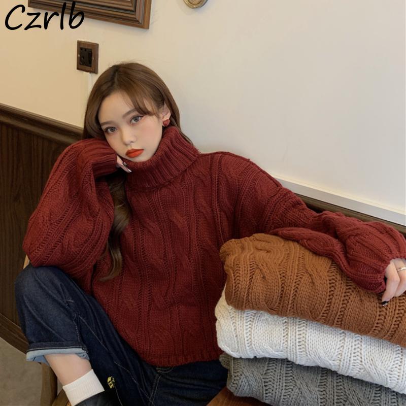 

Women's Sweaters Turtleneck Sweater Women Cropped Jacquard Retro Japanese Style Students Long Sleeve High Street All-match Winter Solid Clot, White;black