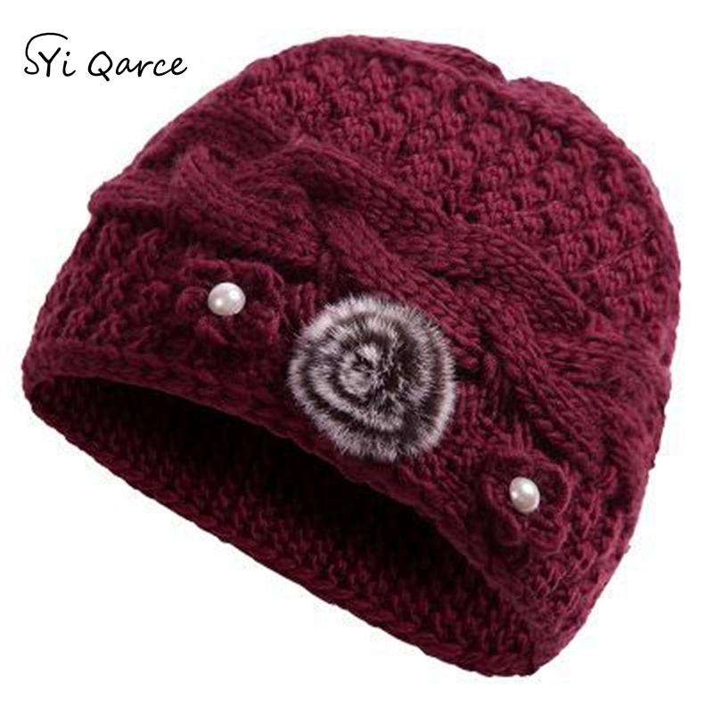 

SYi Qarce Sell Women Winter Warm Knitted Hat With Flowers Fur Velvet Lining For Mother Christmas Gift NM218-27 Beanie/Skull Caps, Blue;gray