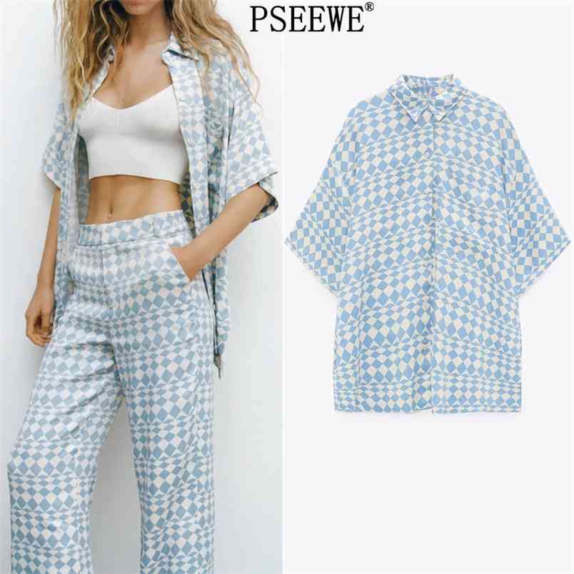 

Blue Geometric Print Women Shirt Short Sleeve Collared Button Up Oversized Woman Casual Summer Blouse 210519, Sky blue