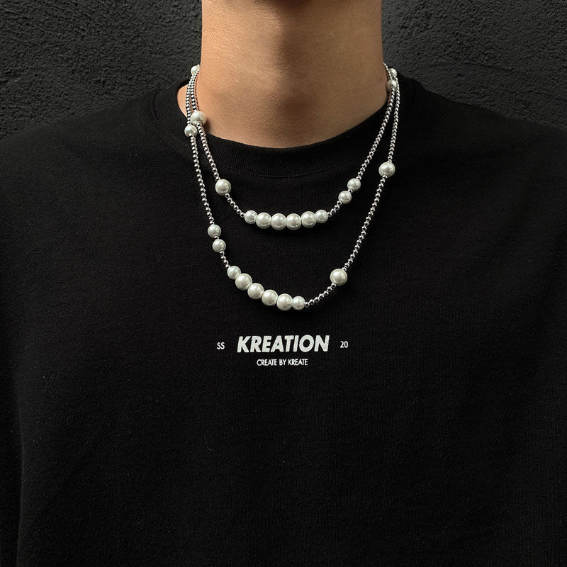 

men and women Jewelry Gift Pearl necklace tide hip hop ins street wild net red neck chain couple accessories-1, Silver