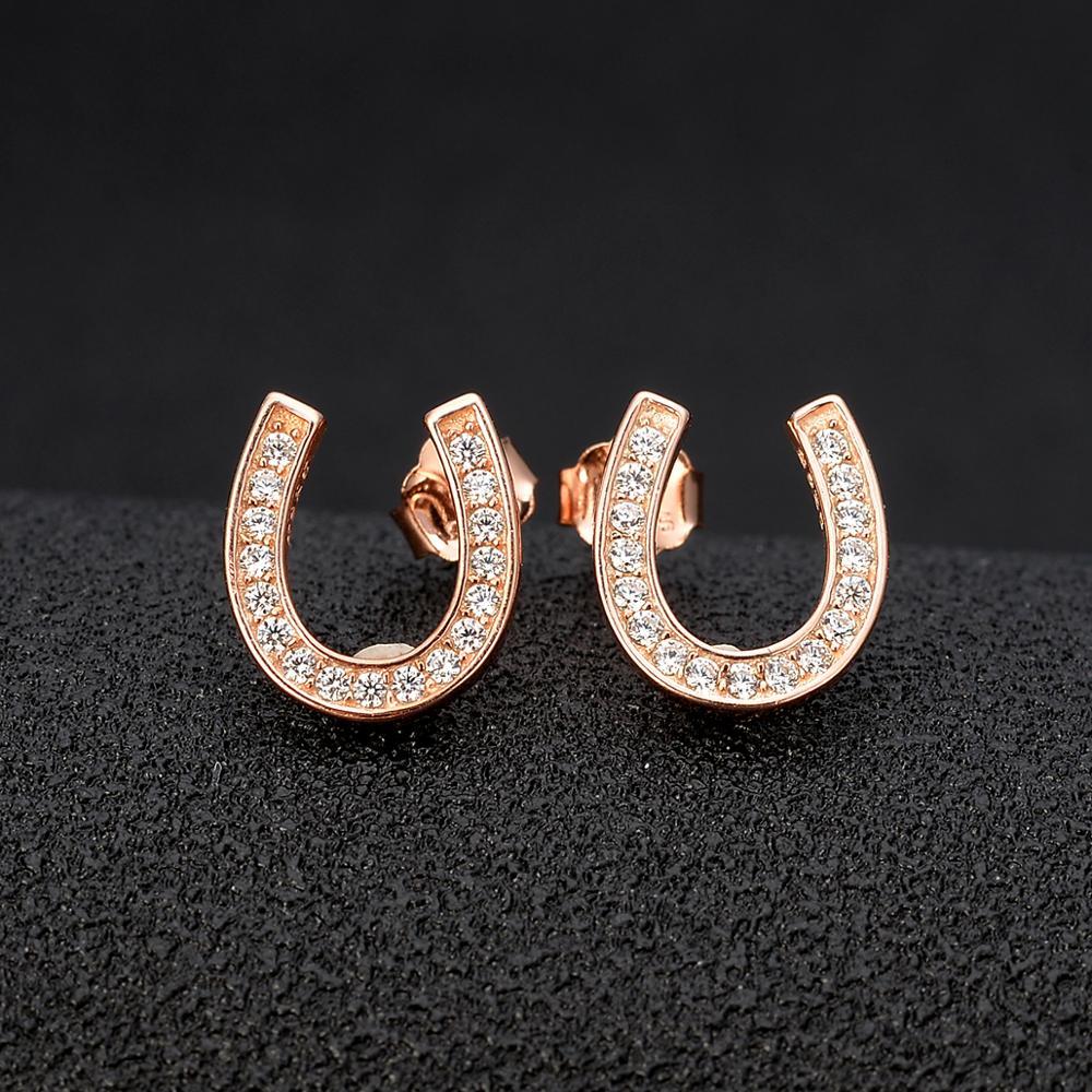 

925 Sterling Silver Earrings Women Stud Lucky Horseshoe Kpop Female Fashion Wedding Jewelry Rose Gold