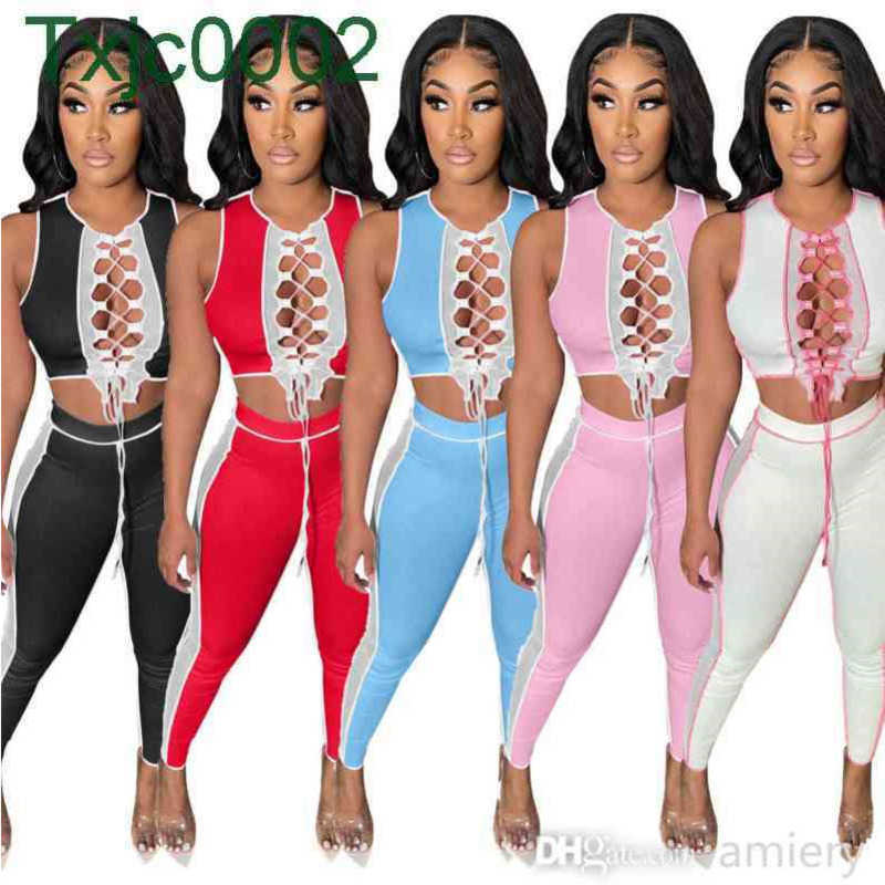 

Women Two Piece Pants Designer Summer Shorts Set sleeveless Color Contrast Pit Splicing Mesh Bandage Hollow Leisure Trousers Outfits, Black