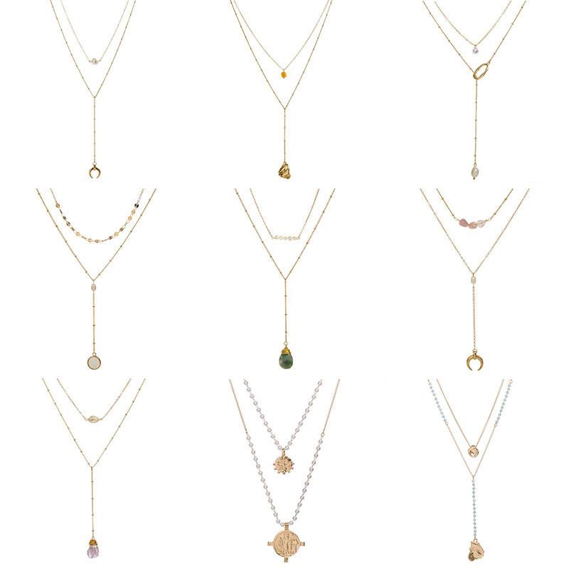 

Pendant Necklaces Vintage Multi Layered Natural Stone Pearl Necklace For Female Moon Water Drop Color Coin Long Chain Jewelry