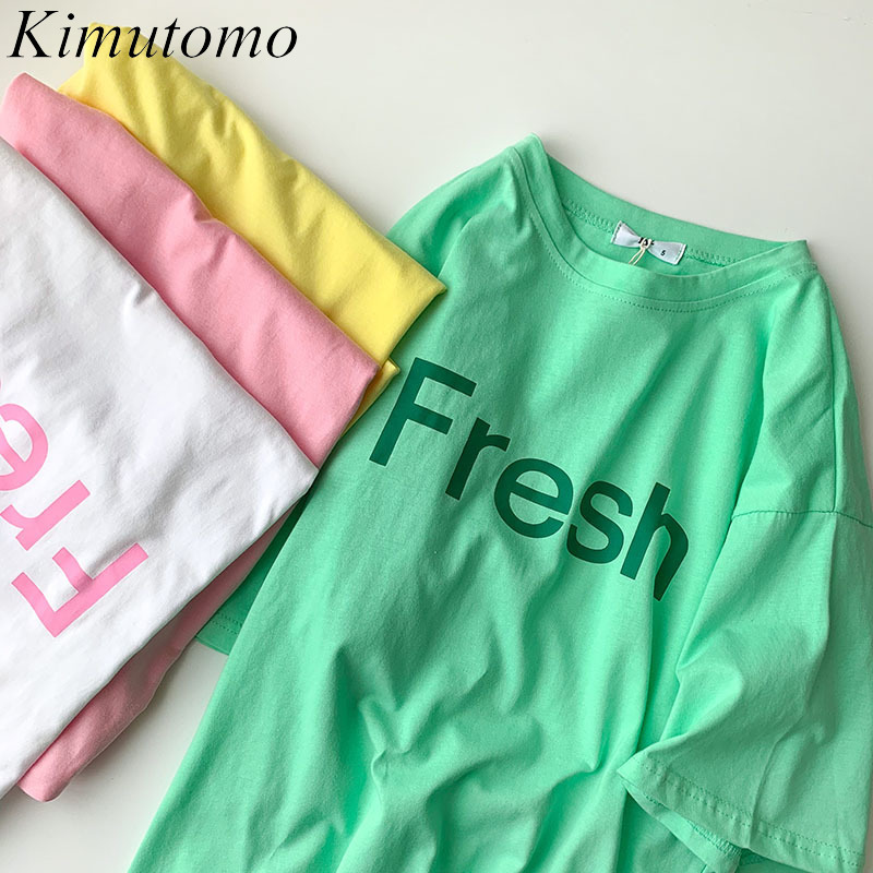 

Kimutomo Casual Short-sleeved T-shirt Summer Women's Korean Style Fashion Loose Letter Printed O-neck Top Female 210521, White