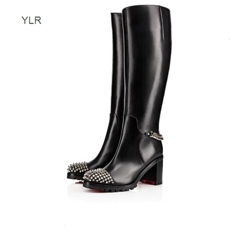 

Elegant Winter Fashion Platform Heels Knee Boots Red Bottom Women's Boot Black Genuine Leather Spikes Bottes Femme With Box45XJ