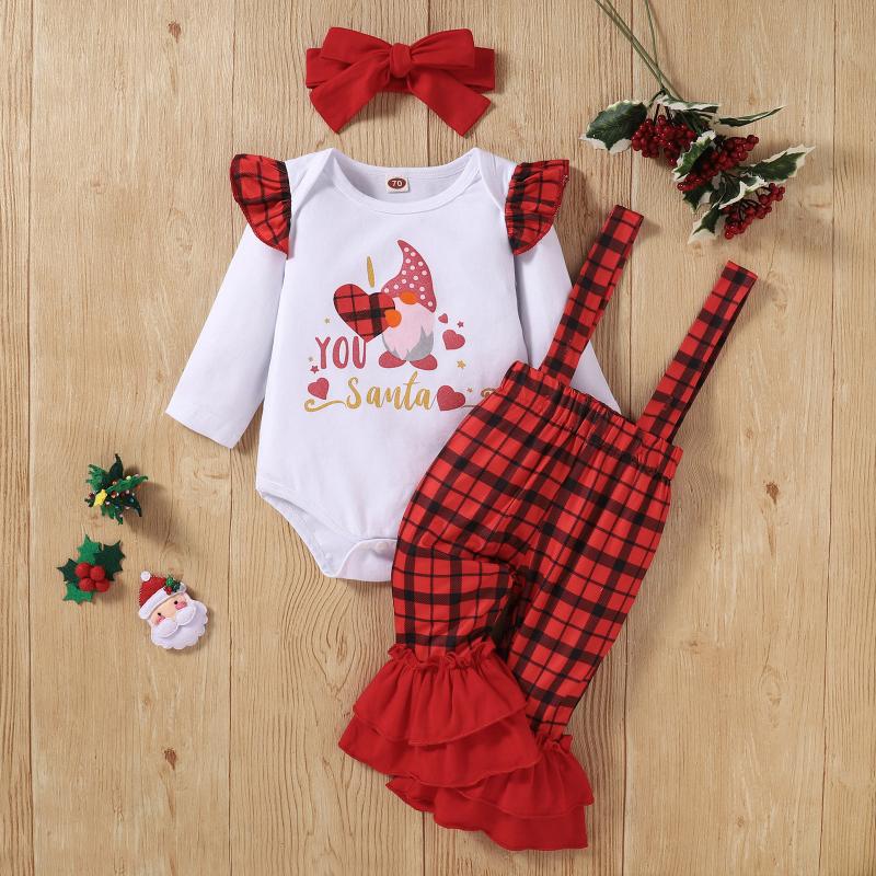 

Clothing Sets 3pcs Born Baby Girls Christmas Outfits Santa Gnome Print Romper +Suspender Pants +Headbands Children's Clothes, White
