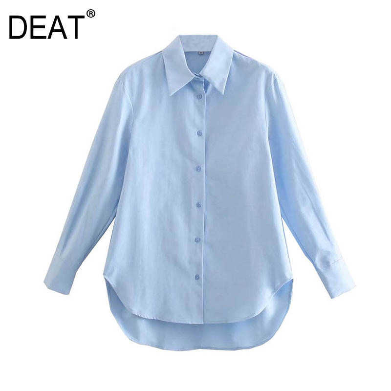 

[DEAT] Spring Autumn Fashion Tiide Single-breasted Solid Color Long Sleeve Turn-down Collar Women's Shirt 13C395 210527, Blue