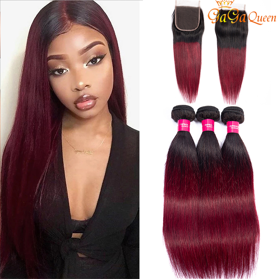 

Ombre Peruvian Straight Hair Weave Bundles With Closure 1B/Burgundy Two Tone Colored Remy Human Hair Wefts With Closure 99J Wine Red, Three part