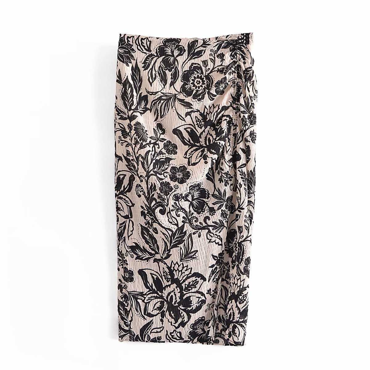 

Women Printed slit Skirt Pleated High-waist midi elegant High Fashion casual Vintage Women skirts ropa mujer falda 210709, As picture