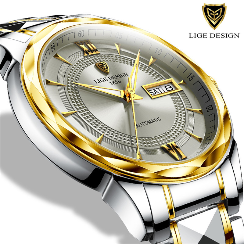 

LIGE Original Brand Wrist Watches Mens Automatic Self-Wind Tungsten Steel Waterproof Business Mechanical Watch Relogio Masculino 210517, Gold color