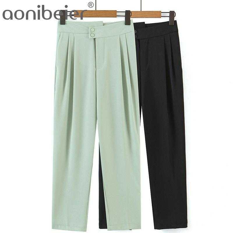 

Fashion Folds Front Two Button Casual Ankle Length Suit Pants Summer High Waist Straight Female Trousers 210604