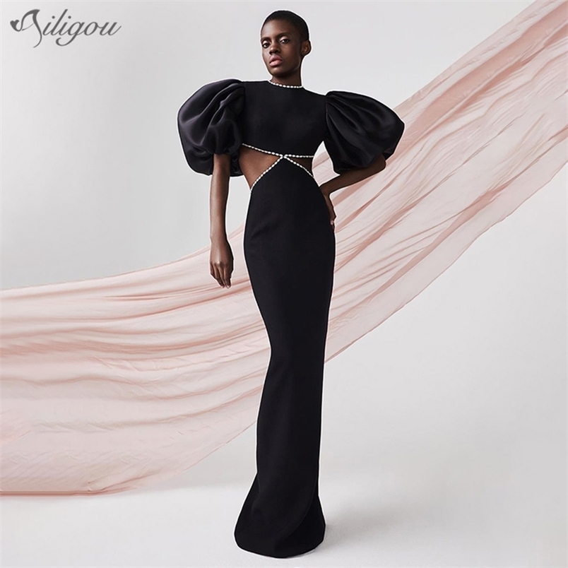 

Women' Bodycon Bandage Long Dress Sexy Short Puff Sleeve Beaded Black Halter Club Celebrity Runway Party Vestido 210525