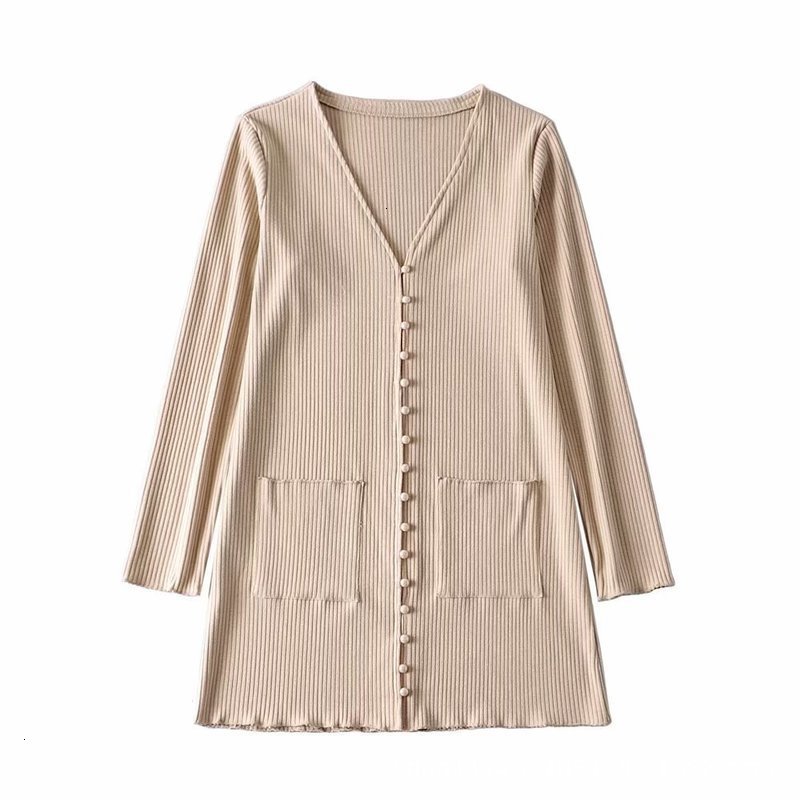 

A113-20 spring Dresses Casual deep V-neck single row button long sleeve big pocket knitted dress with ear edge, Apricot